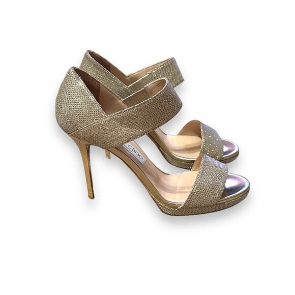 Jimmy Choo Alana Lame Gold Glitter Double Strap Stiletto High Heels Sz 38 / US 8 - Picture 1 of 11